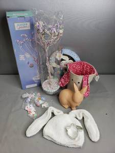 lot 44 image: Easter Tree & Ornaments, Easter Basket, Bunny Ears Hat, Easter Bunny Wall Decor
