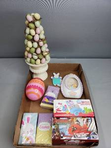 lot 46 image: Easter Egg Tree, Large Platic Egg, Basket Stuffers, Egg Racers, Ceramic Frame