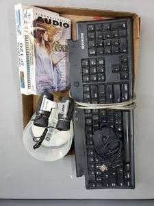 lot 53 image: Keyboard, Mouse, USB Cable, VHS, Binoculars, Blank CDs