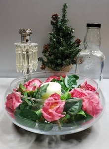 lot 91 image: Rose Bowl with Candle Centerpiece, Glass Bottle, Mini Tree, Lamp
