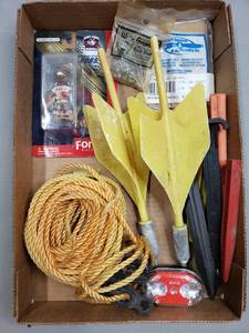 lot 94 image: Rope, Fishing Weights, Tent Stakes, Large Darts, Wranglers Baseball Figure