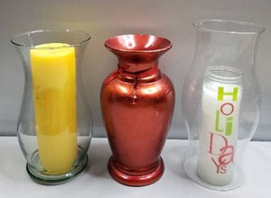 lot 95 image: Tall Pillar Candles with Lantern, Red Beaded Vase