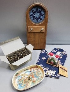 lot 104 image: Smores Ornament, Porcelain Dish, Potholder, Box Upholstery Tacks