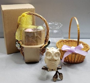 lot 106 image: NEW IN PACKAGE Avon Springtime Basket with Easter Egg Soaps, NEW Owl Fragrance Bulb, Small Vase & Basket