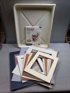 lot 108 image: 2 photography Developer Trays, Photo Paper, 16x20 & 11x13 Picture Frame Matting