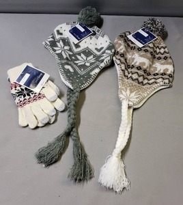 lot 188 image: NEW IN PACKAGE (2) Peruvian Knit Hats & Pattern Knit Gloves