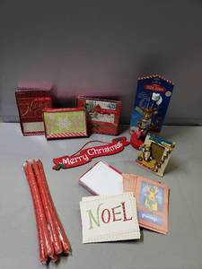 lot 204 image: NEW IN PACKAGE Holiday Cards, 5 15 Taper Candles, Hallmark Deer John, Santa Frame