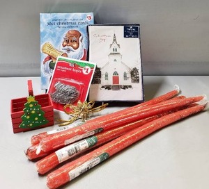 lot 206 image: NEW IN PACKAGE Holiday Cards, Wood Basket, Ornament Hooks, (5) 15 Red Tapers