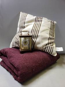 lot 212 image: Quality Wool Blanket & Throw Pillow & Mantle Mechanical Clock