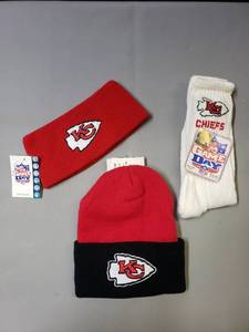 lot 3 image: BRAND NEW - NEVER USED - Kansas City Chiefs Hat, Socks, & Ear Band