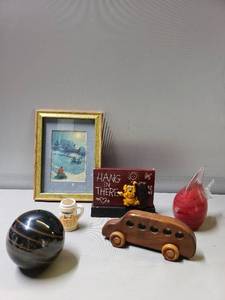 lot 13 image: Framed Drawing, Glass Fish & Ball, Mini Stein, Wood Bus