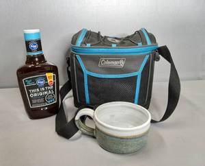 lot 20 image: Coleman Cooler with Plastic Liner, Ceramic Soup Cup, Unopened BBQ Sauce