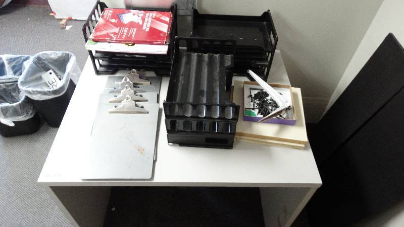 lot 376 image: Work desk, file organizers, clip broads shelf & bracket.