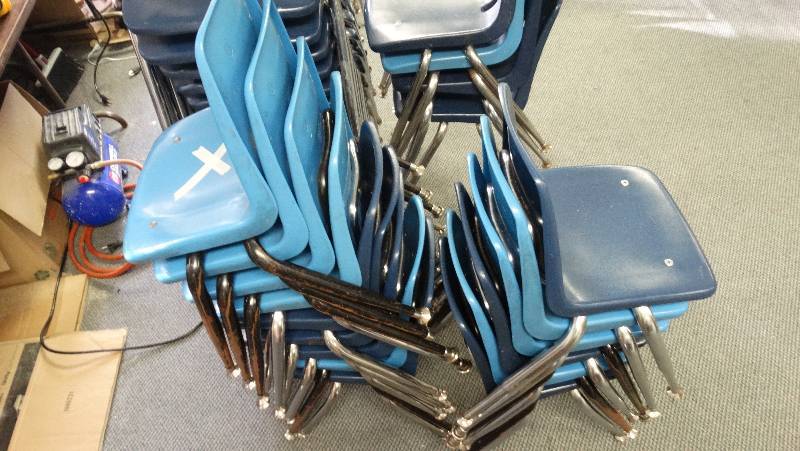 lot 443 image: Stack of 15 small child chairs.