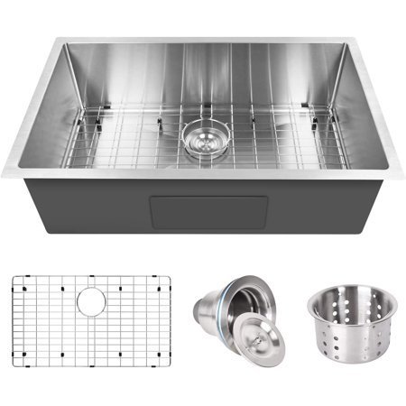 lot 18737 image: Simple Deluxe 30 Under-mount Workstation Kitchen Sink, 16 Gauge Single Bowl Stainless Steel with 3 Built-in Components, Silver