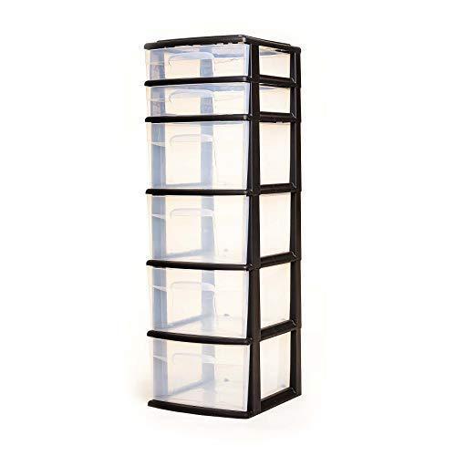 lot 19456 image: HOMZ Plastic 6 Drawer Medium Storage Tower, Black Frame, Clear Drawers, Set of 1(damage to plastic drawer)