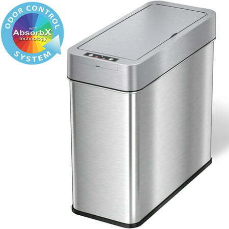 lot 19793 image: iTouchless 4 Gallon Slim Sensor Trash Can with AbsorbX Odor Control System, Lid Opens Left, 15 Liter Stainless Steel Automatic Wastebasket, Space-Saving Bin for Bathroom, Kitchen, Office, Hotel - dirty