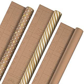 lot 18993 image: Hallmark Holiday Wrapping Paper with DIY Bow Templates on Reverse (3 Rolls 120 sq. ft. ttl) Kraft and Gold Christmas Trees, Stripes, Solid Kraft for Christmas, Hanukkah, Weddings, Birthdays (B088SBN7B9)