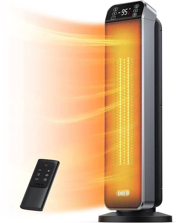 lot 20070 image: Dreo 24 Space Heater, 11fts Fast Quiet Heating Portable Electric Heater with Remote, 3 Modes, Overheating & Tip-Over Protection, Oscillating Ceramic Heater for Bedroom, Office, and Indoor Use, Black