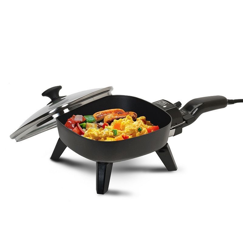 lot 20528 image: Elite Cuisine 7x7 inch Personal Electric Nonstick Stir Fry Griddle Pan Skillet with Glass Lid, 600W