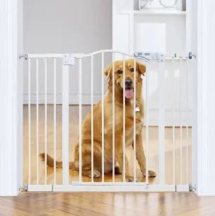 lot 20764 image: InnoTruth 29-39.6 Width Auto Close Dog Gate, 30 Tall Wide Baby Gate for Pets, Extra Wall Pressure or Hardware Mounted for Stairs, Doorways, Bedrooms, Safety Child No Drill Walk Through Gate, White