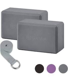 lot 21102 image: Gaiam Essentials Yoga Block 2 Pack & Yoga Strap Set, Grey