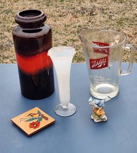 lot 3063 image: Schlitz Glass Pitcher, Germany Glazed Vase and Bird Decor