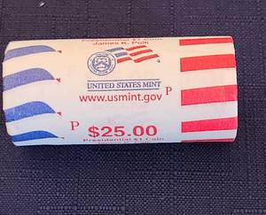 lot 541 image: $25.00 Roll of Presidential $1.00 Coin James K Polk Uncirculated