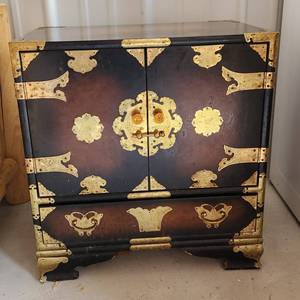 lot 4065 image: Vintage Wood and Metal Brass Jewelry Box Floor Accent Furniture - 21.5 x 14 x 23