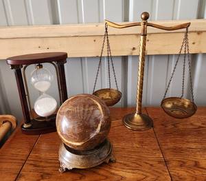 lot 4073 image: Large Stone Sphere on Stand, Hourglass Timer and Scale