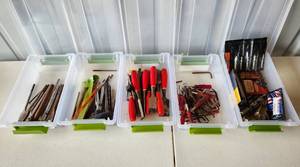 lot 4105 image: Storage Containers with Tools Drill Bits, Wood Tools and Allen Wrenches
