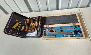 lot 4117 image: 4PC MACHINISTS KIT with 6 INCH DIAL CALIPER OUTSIDE MICROMETER BEVEL SQUARE FLEX RULE and Tool Kit