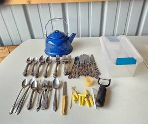 lot 4120 image: Stainless Flatware and Tea Kettle