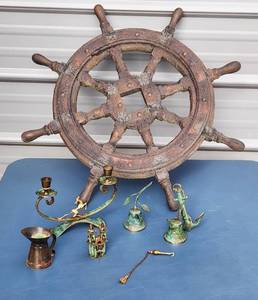 lot 6054 image: 28 Ship Wheel and Brass Decor