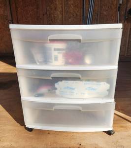 lot 2003 image: 3 Drawer Plastic Storage Container 22 x 16 x 25.5 and Painting Supplies