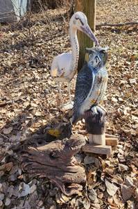 lot 2088 image: Owl and Crane (see damage) Yard Decor and Driftwood
