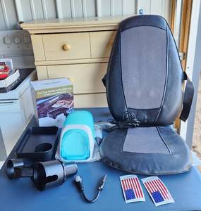 lot 4136 image: Homedics Shiatsu Cushion with Heat, Single Touch CD Box, Car Cup Holder with Table Tray, Car Light and Decals