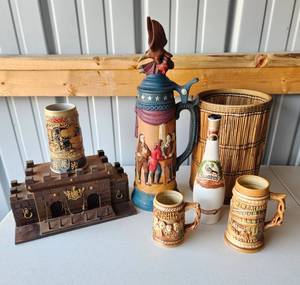 lot 4138 image: Medieval Castle Decanter Box and Shot Glasses, Mugs, Steins and Wood Waste Basket