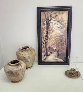 lot 4174 image: 27 x 15 Framed Art, Decorative Mexico Vases and Brass Candle Holder