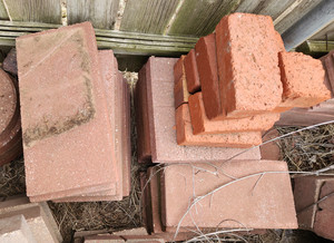 lot 9013 image: Lot of Square Concrete Patio Stones and Red Bricks