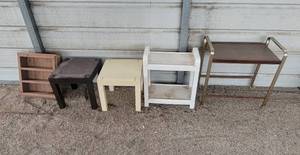 lot 6057 image: Wood Wall Shelf, Rolling Cart and Plastic Stands