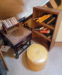 lot 6069 image: Bookcase, End Table, Footstool, DVDs and Books - UPSTAIRS...Bring Help to get items