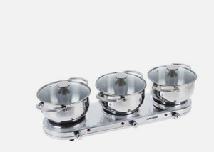 lot 22674 image: Kalorik 1650-Watt Stainless Steel Triple Buffet Burner wPots & Lids (Stainless)