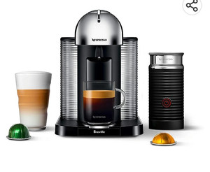 lot 22676 image: Nespresso Vertuo Coffee and Espresso Machine by Breville, Chrome. COFFEE PODS ARE EXPIRED