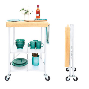 lot 22737 image: Origami Foldout 3-Shelf Kitchen Serving Island Cart with Wheels, White