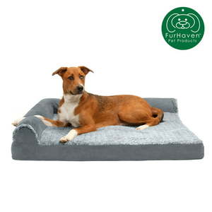 lot 6351 image: FurHaven Pet Products  Deluxe Orthopedic Faux Fur & Suede L-Shaped Chaise Couch Pet Bed for Dogs & Cats Stone Gray Jumbo