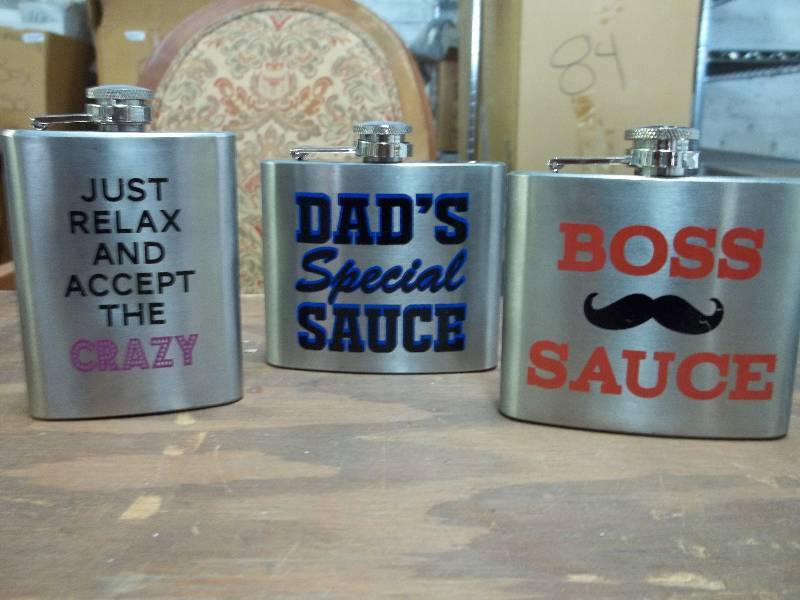 lot 2118 image: 3 printed steel flasks