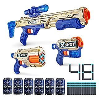 lot 36048 image: XShot X-Shot Excel Golden Combo Pack Golden Hawk Eye  Reflex 6 and Double Kickback (6Cans,48Darts) Mail Box by Zuru, Multicolor (36485-S001) (B08VMTSZ4G)