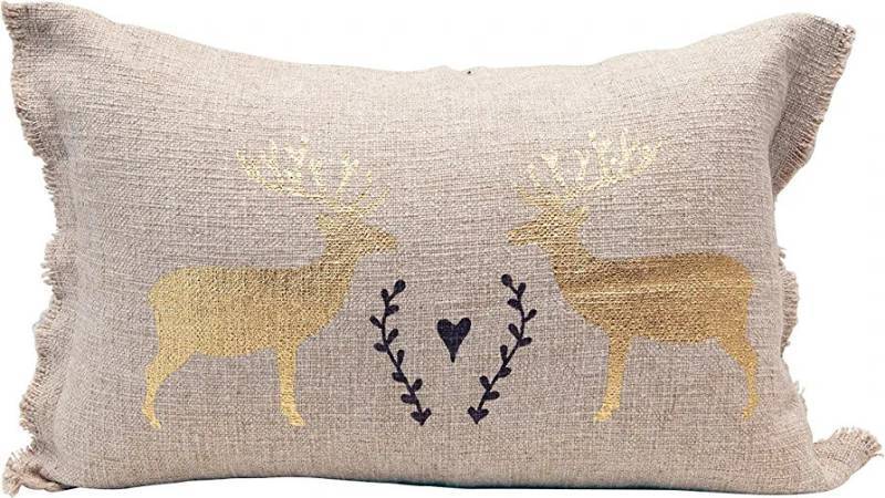 lot 10043 image: Creative Co-Op 24 L x 16 H Linen Lumbar wGold Deer Pillows, Multi
