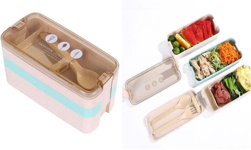lot 48010 image: Stackable Bento Box � 37.1 Fl Oz Capacity - Wheat Straw Bento Lunch Boxes For Adults and Kids - Fork, Knife, Spoon Included - Leak Proof, BPA-Free - Microwave, Freezer, Dishwasher Safe